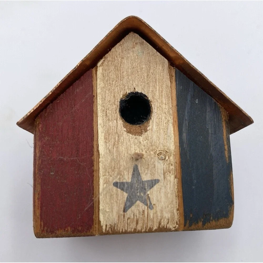 Vintage Americana Rustic Primitive Flag Metal Birdhouse Copper Roof Hang Mini